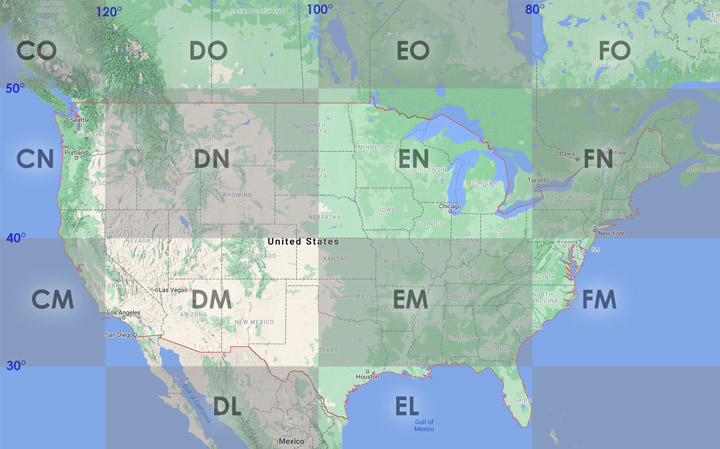 Map of Maidenhead grid squares across the USA