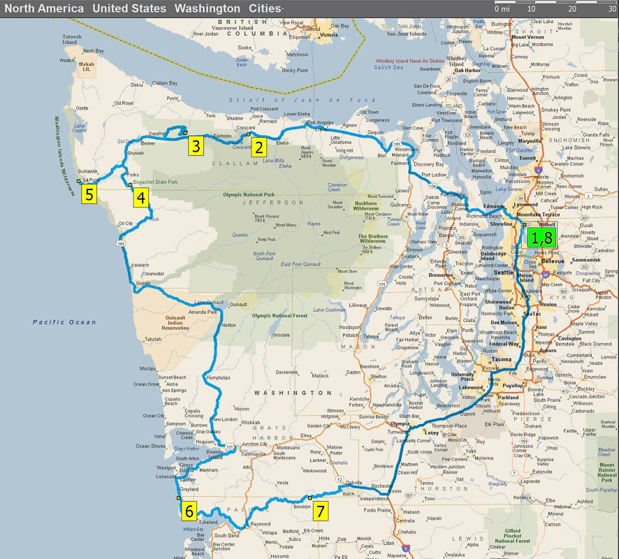 Planned route through Olympic Peninsula