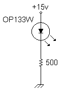 Schematic diagram of infrared LED emitter, connected through 500 ohm resistor to 15 volts.