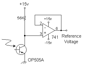 Schematic diagram of NPN optodetector with grounded emitter, and collector connected to +15 volts through 120K resistor.