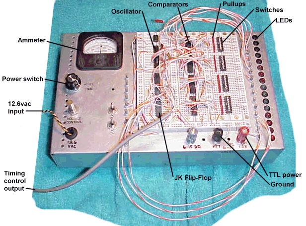 Photo of breadboard, with parts labelled