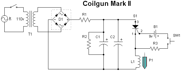 Schematic showing transformer, rectifier, capacitor, SCR and coil.