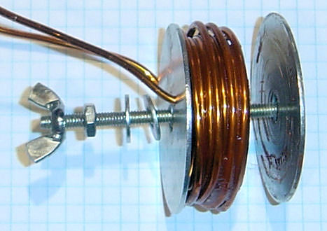 Closeup photo of second 56-turn coil in the winding jig during construction