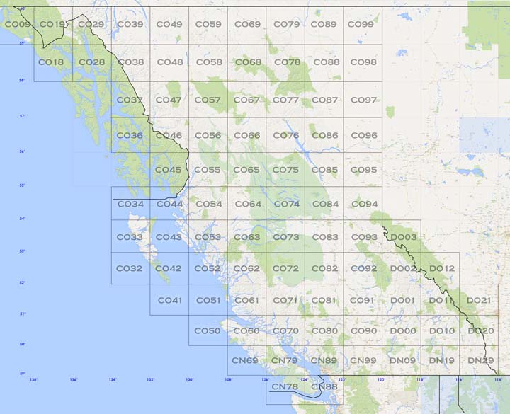 Map of Maidenhead grid squares in British Columbia, Canada