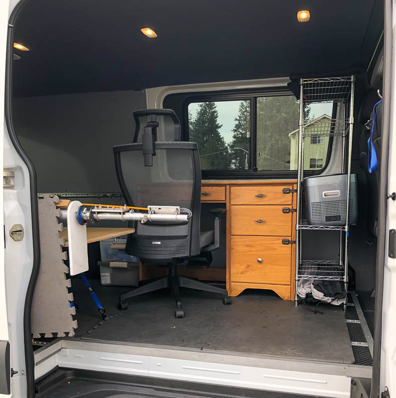 Rover van with new student desk and wire shelves
