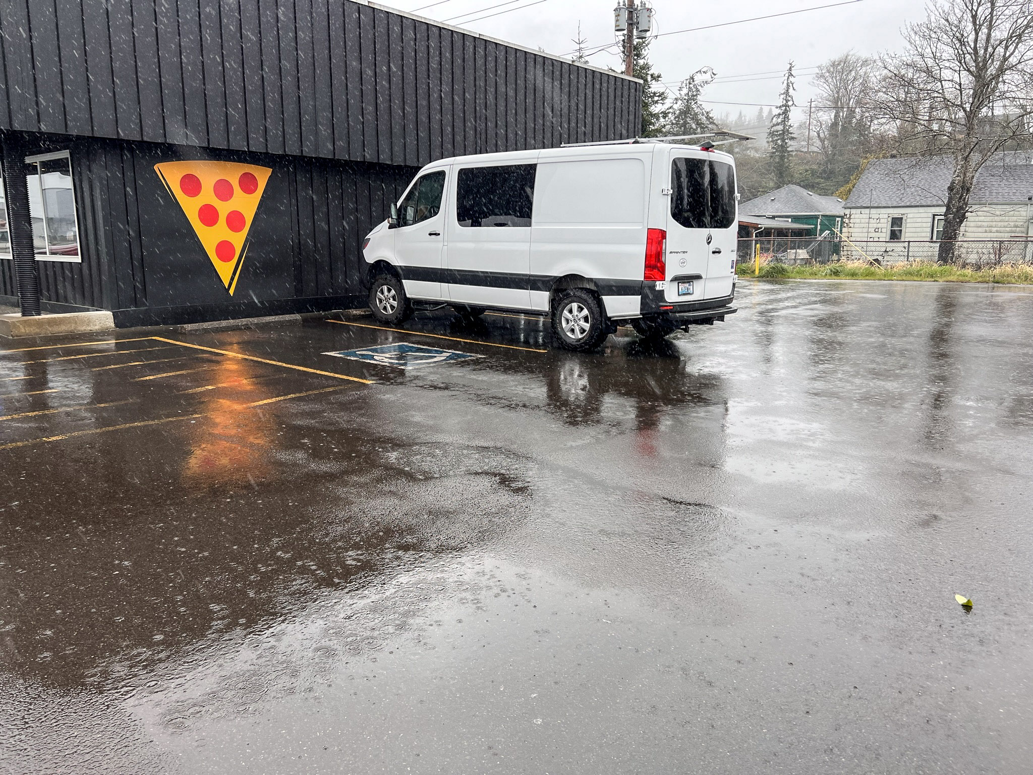 Heavy rain at Westside Pizza in Aberdeen, WA