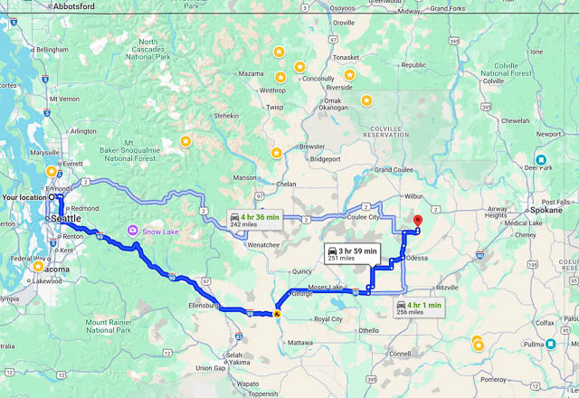 Driving route from Seattle to DN07rm Coffee Pot Ridge
