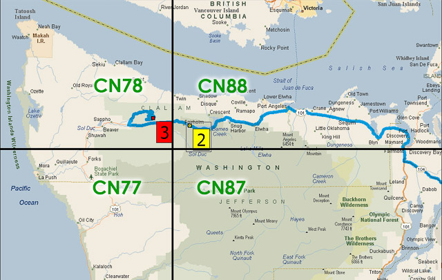 Route on map along the Olympic Peninsula, showing location of grid square CN78