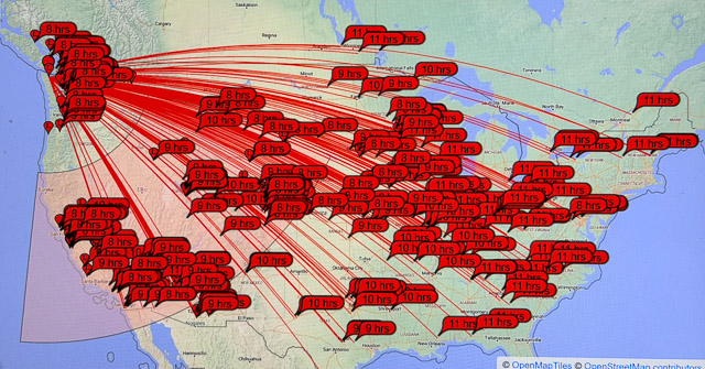 PSK Reporter map showing coast-to-coast contacts across the United States.