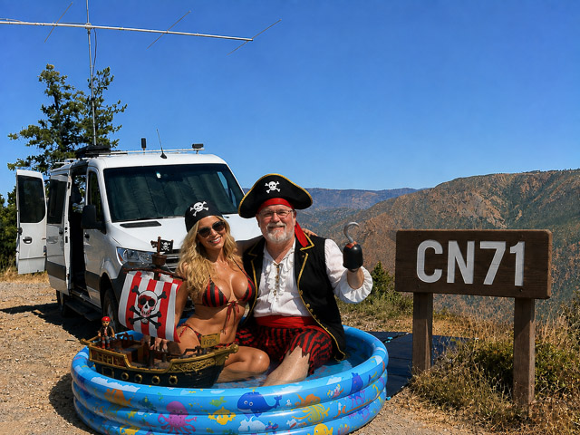 AI-enhanced photo of K7BWH and pretend friend in a kiddie wading pool at the Stone Corral ridge